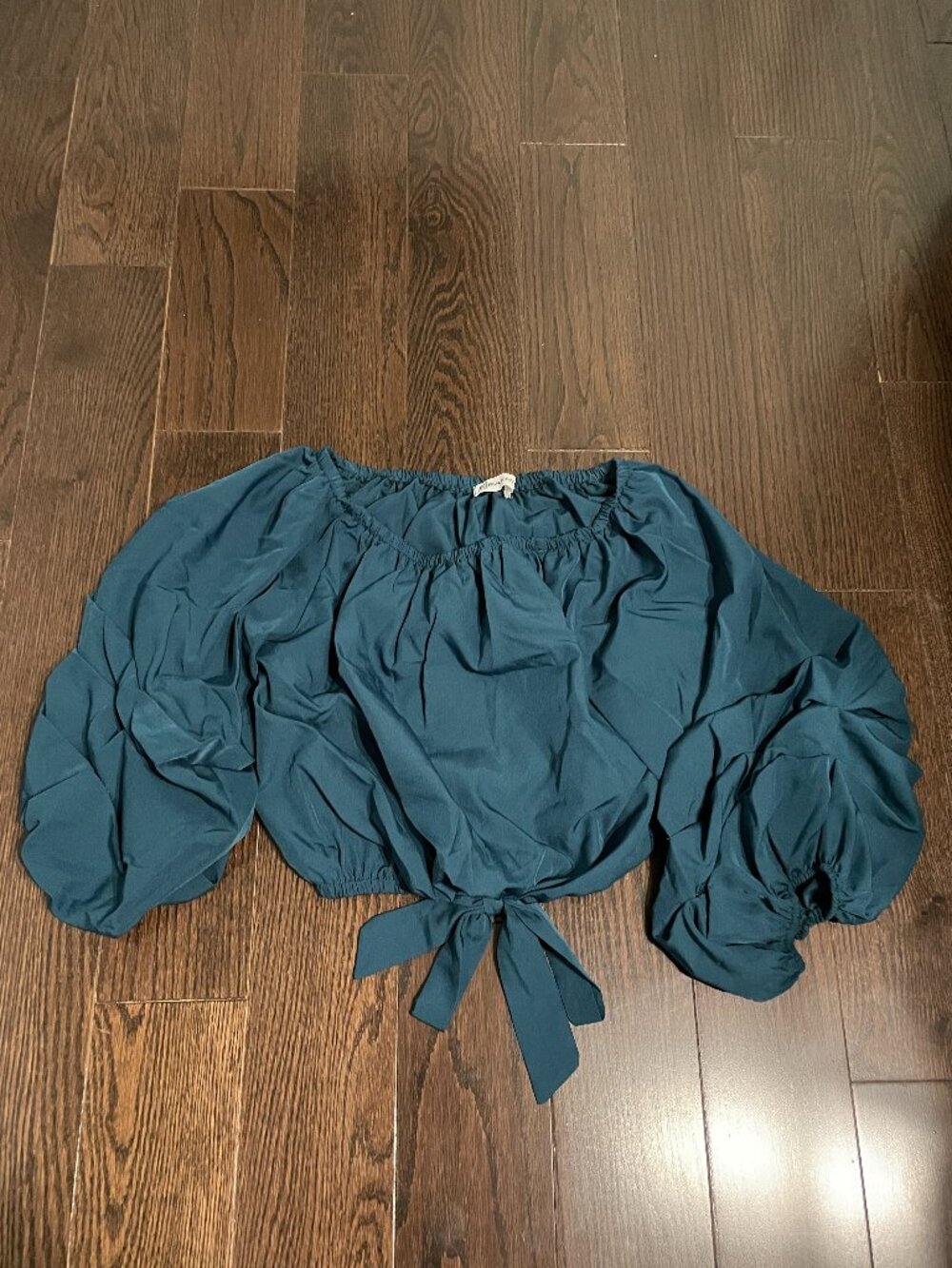 Teal Off-the-Shoulder Puff Sleeve Tie-Front Crop Top